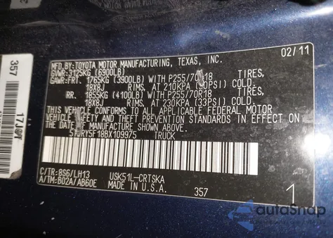 2011 Toyota Tundra Grade 5.7L V8 from USA, damaged, VIN 5TFRY5F18BX109975